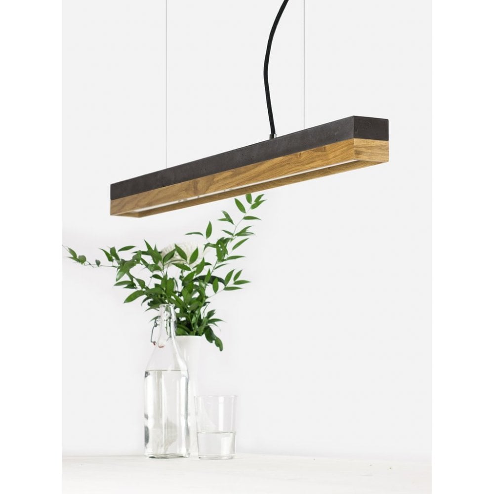 Dark Concrete and Oak Wood LED Bar Pendant Light, 92cm, Warm White (2.7K)