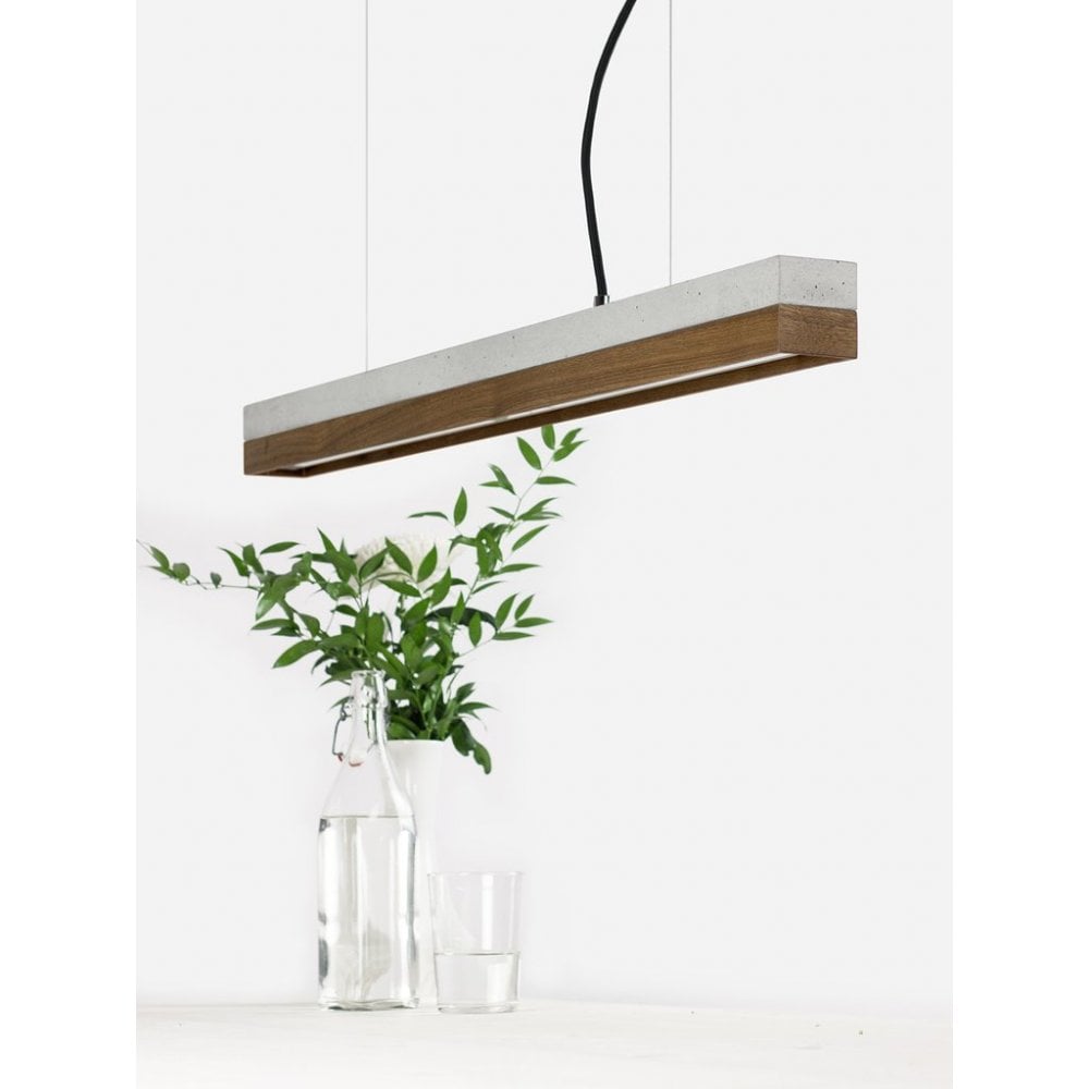 Pale Concrete and Walnut Wood LED Bar Pendant Light, 92cm, Warm White (2.7K)