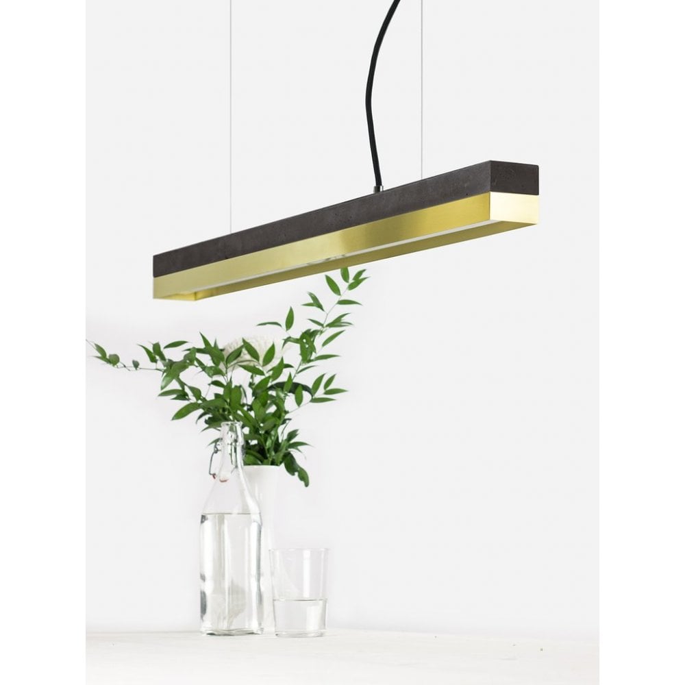 Dark Concrete and Brass LED Bar Pendant Light, 92cm, Warm White (2.7K)