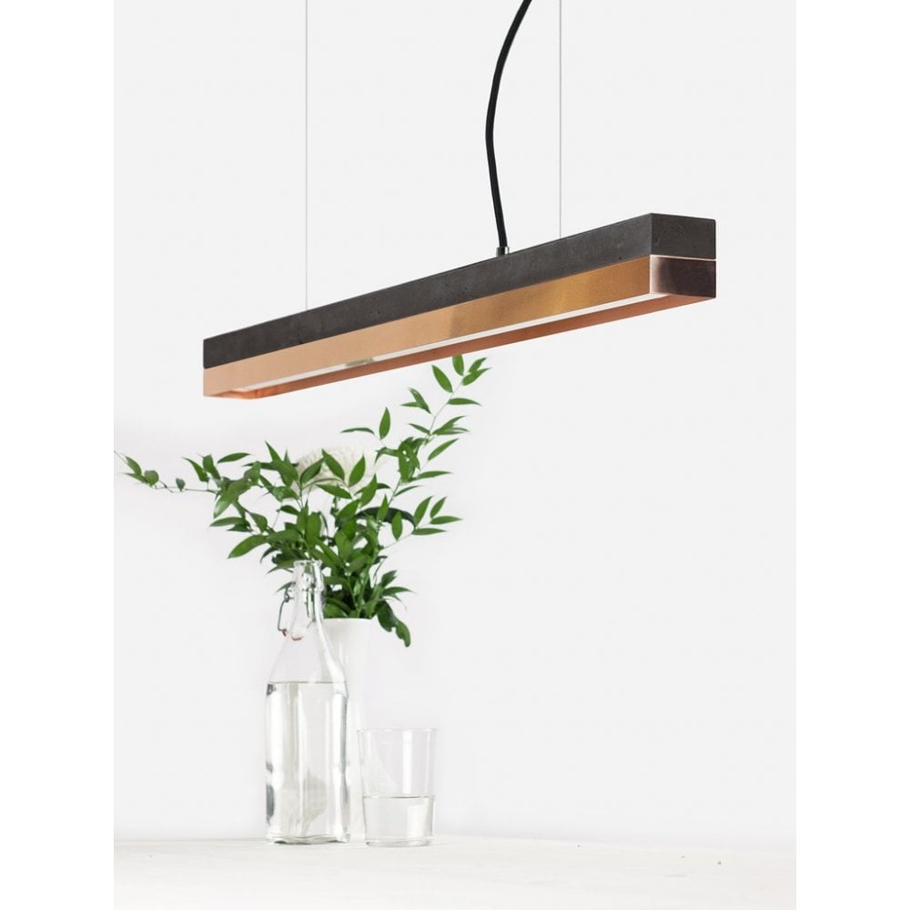 Dark Concrete and Copper LED Bar Pendant Light, 92cm, Warm White (2.7K)