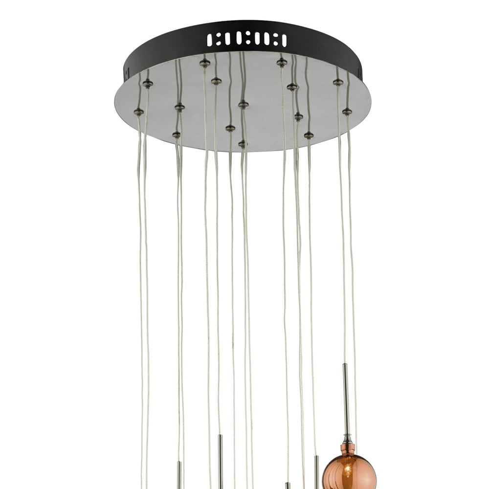 Aurelia 15 Light G4 Spiral Pendant with Copper, Dark Copper & Bronze Glass, Black Chrome Ceiling Plate