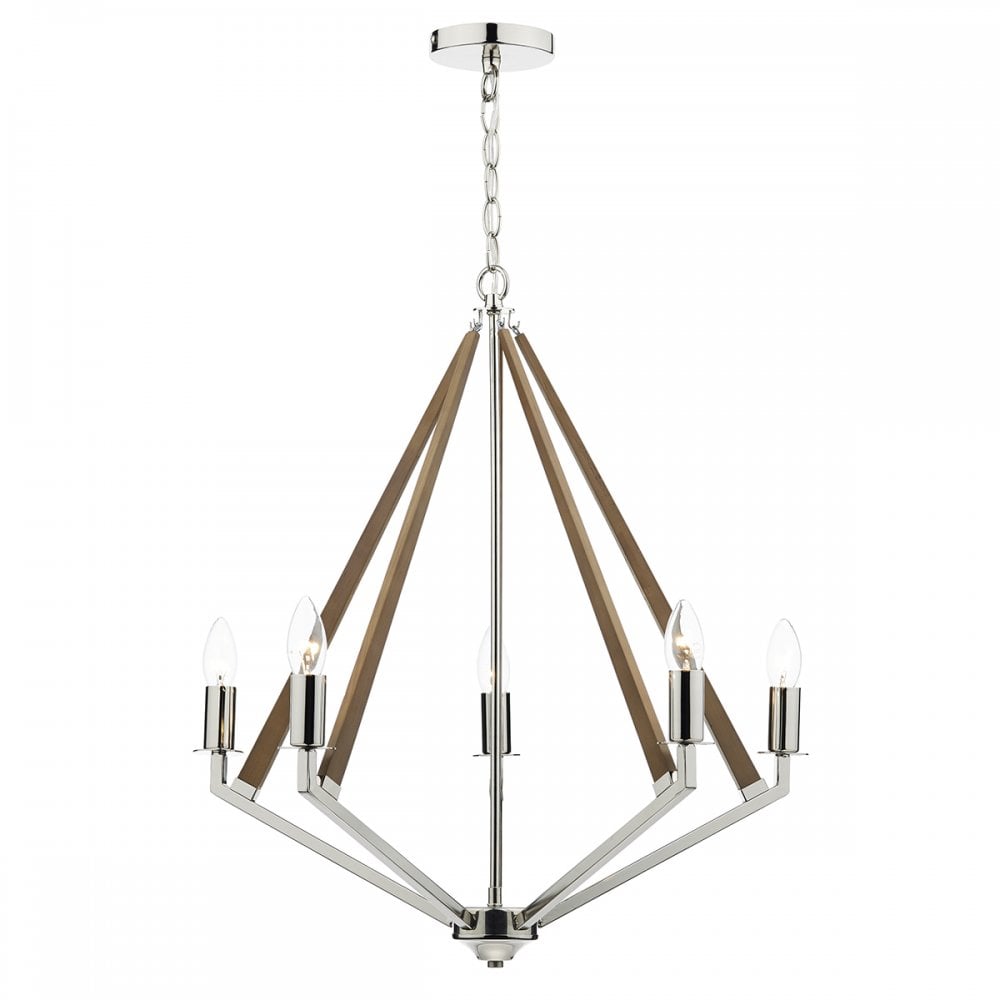 Hotel 5 Light Pendant Dual Mount Polished Nickel Wood