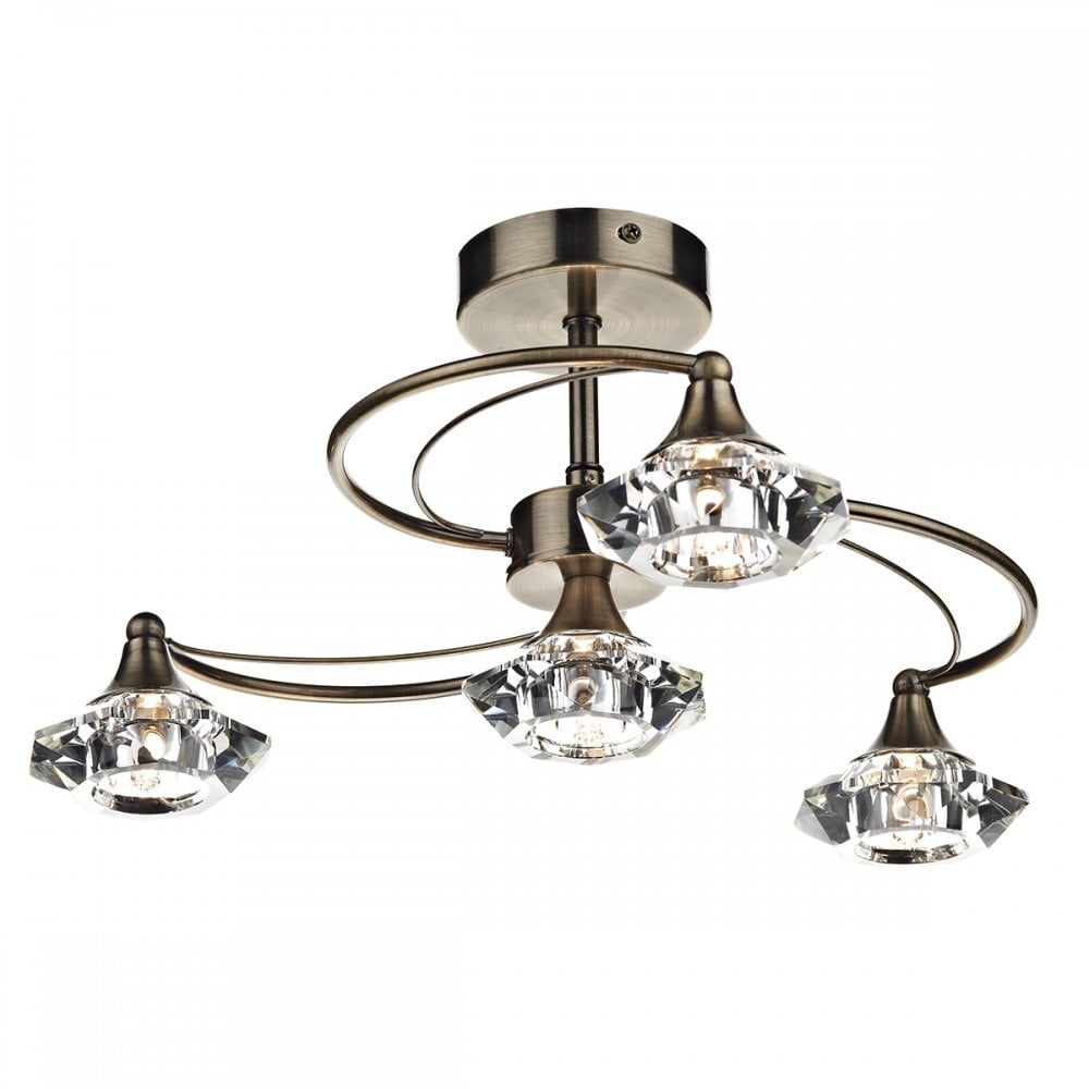 Luther 4 Light Semi Flush complete with Crystal Glass Antique Brass