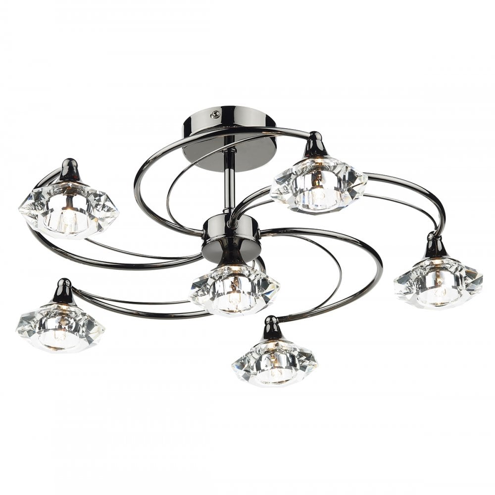 Luther 6 Light Semi Flush complete with Crystal Glass Black Chrome