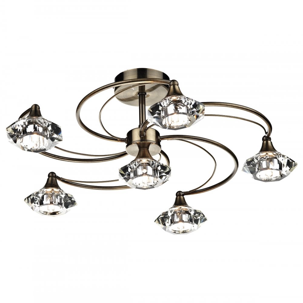 Luther 6 Light Semi Flush complete with Crystal Glass Antique Brass