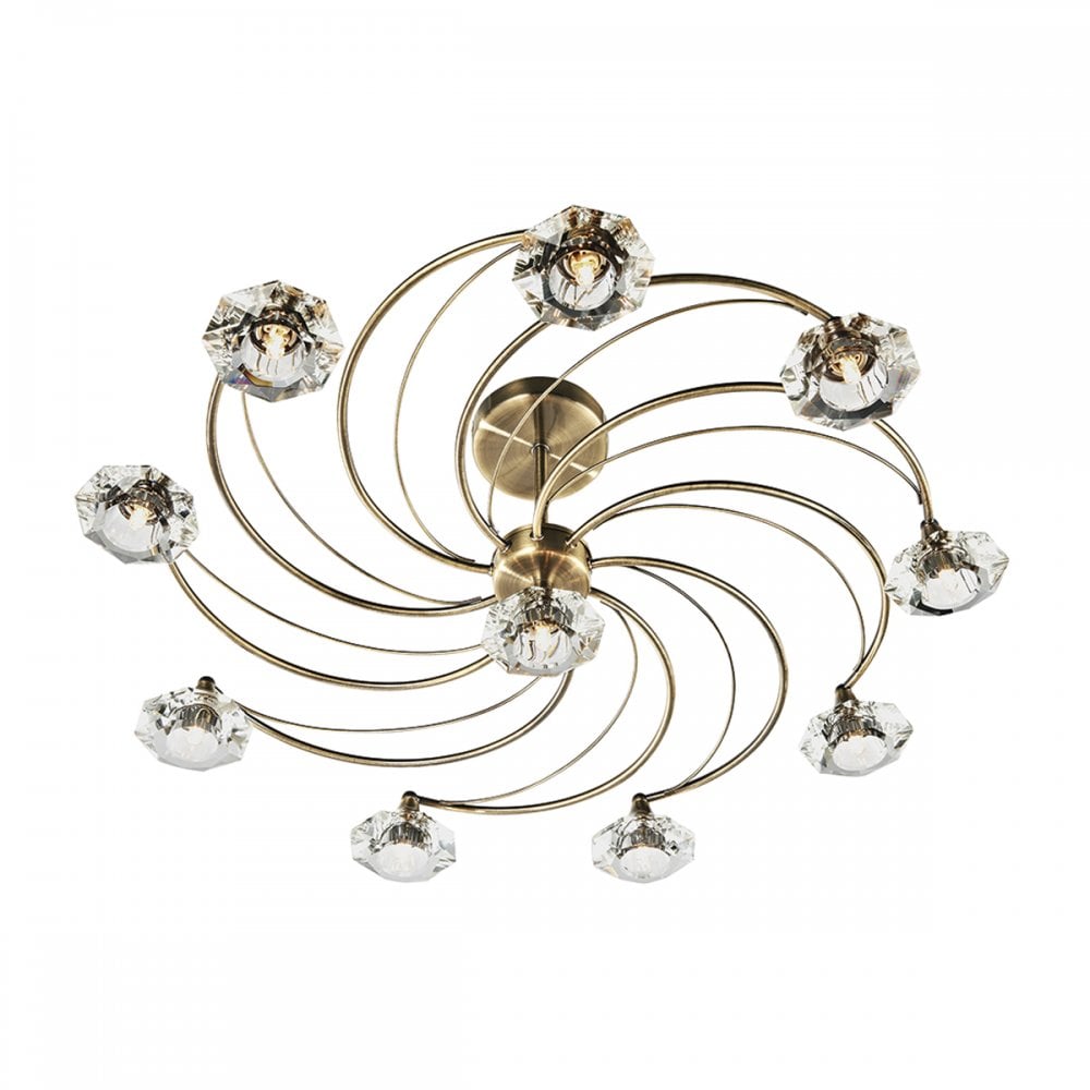 Luther 10 Light Semi Flush complete with Crystal Glass Antique Brass