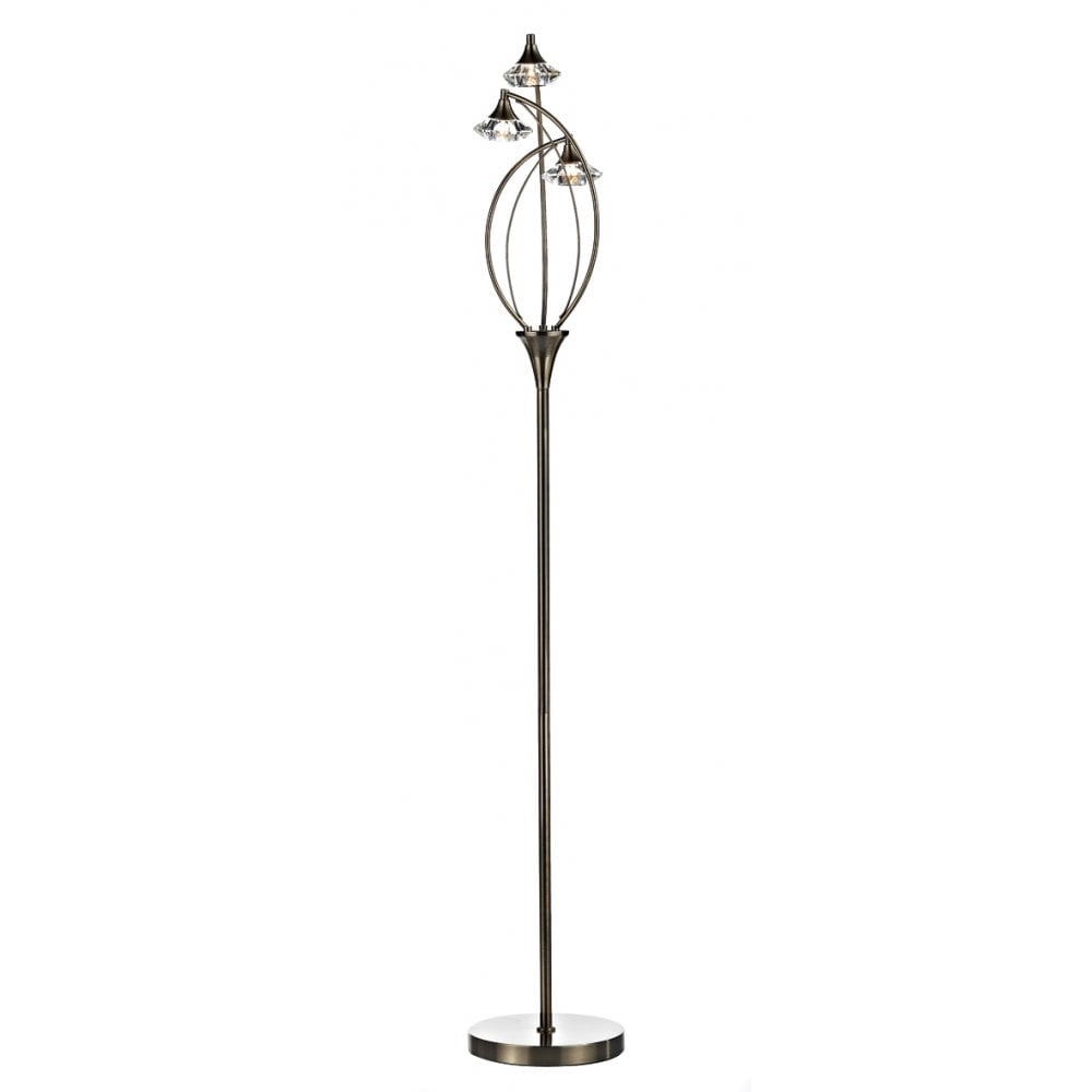 Luther 3 Light Floor Lamp complete with Crystal Glass Antique Brass