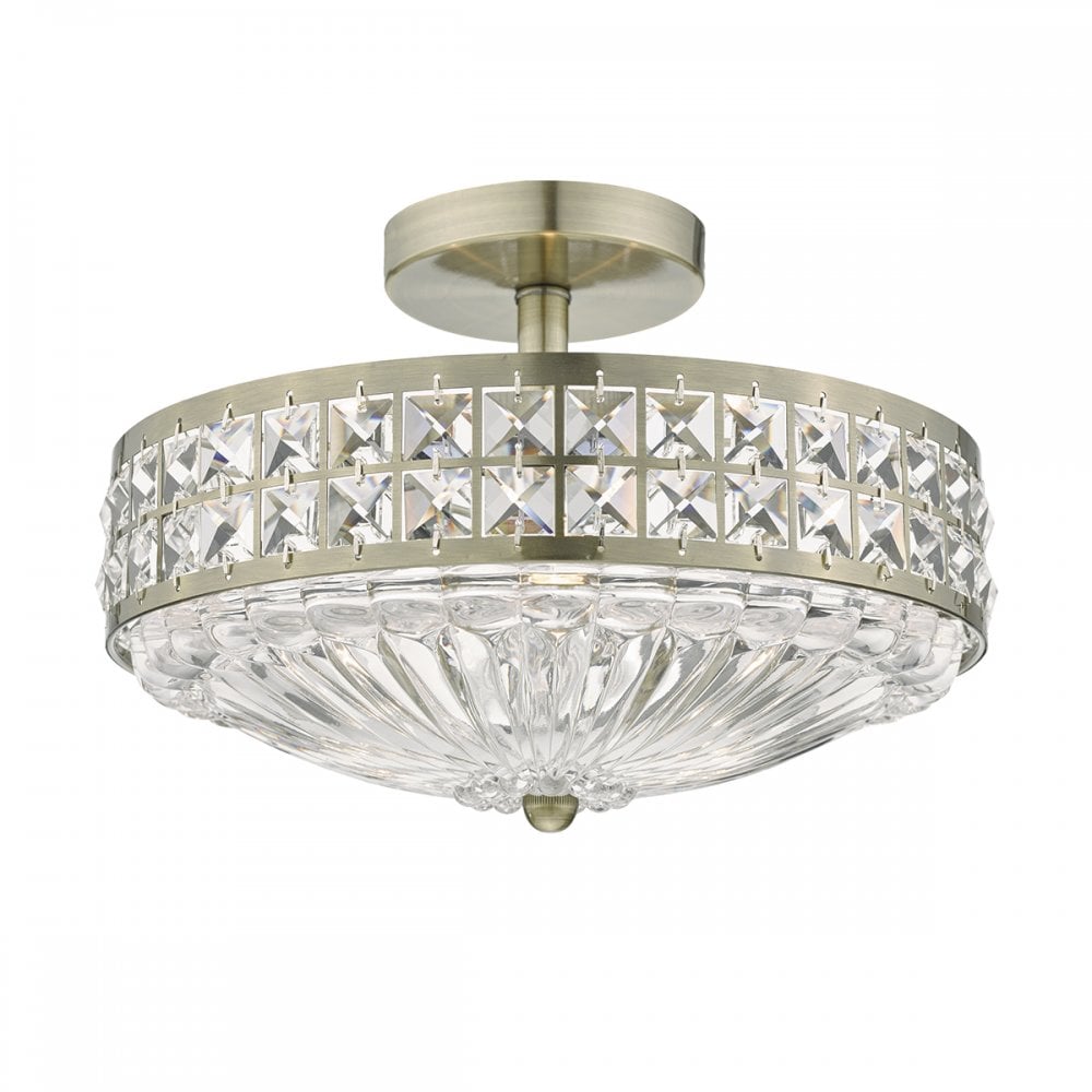 Olona 3L Light Semi Flush Antique Brass Crystal Beads and Glass Diffuser