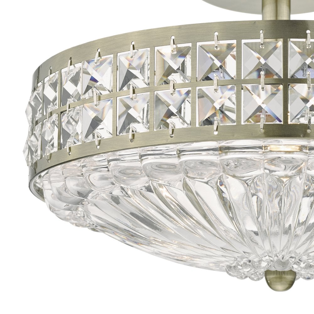 Olona 3L Light Semi Flush Antique Brass Crystal Beads and Glass Diffuser