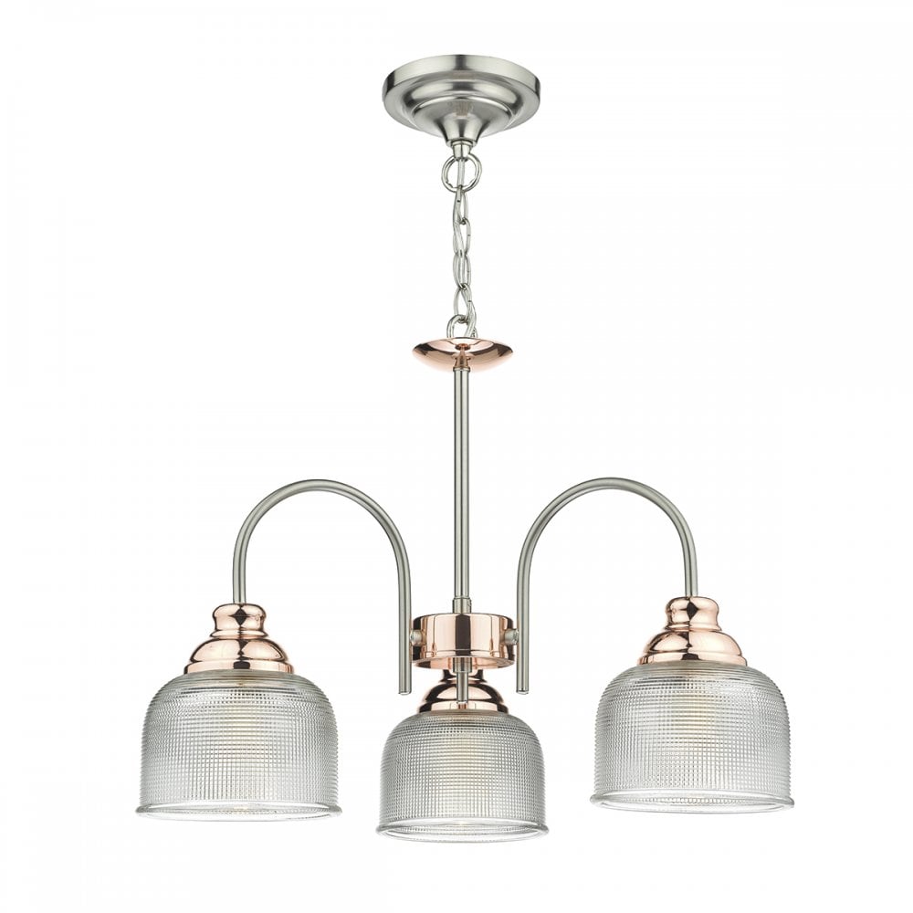 Wharfdale 3 Light Pendant Satin Chrome Copper Detail Glass Shades