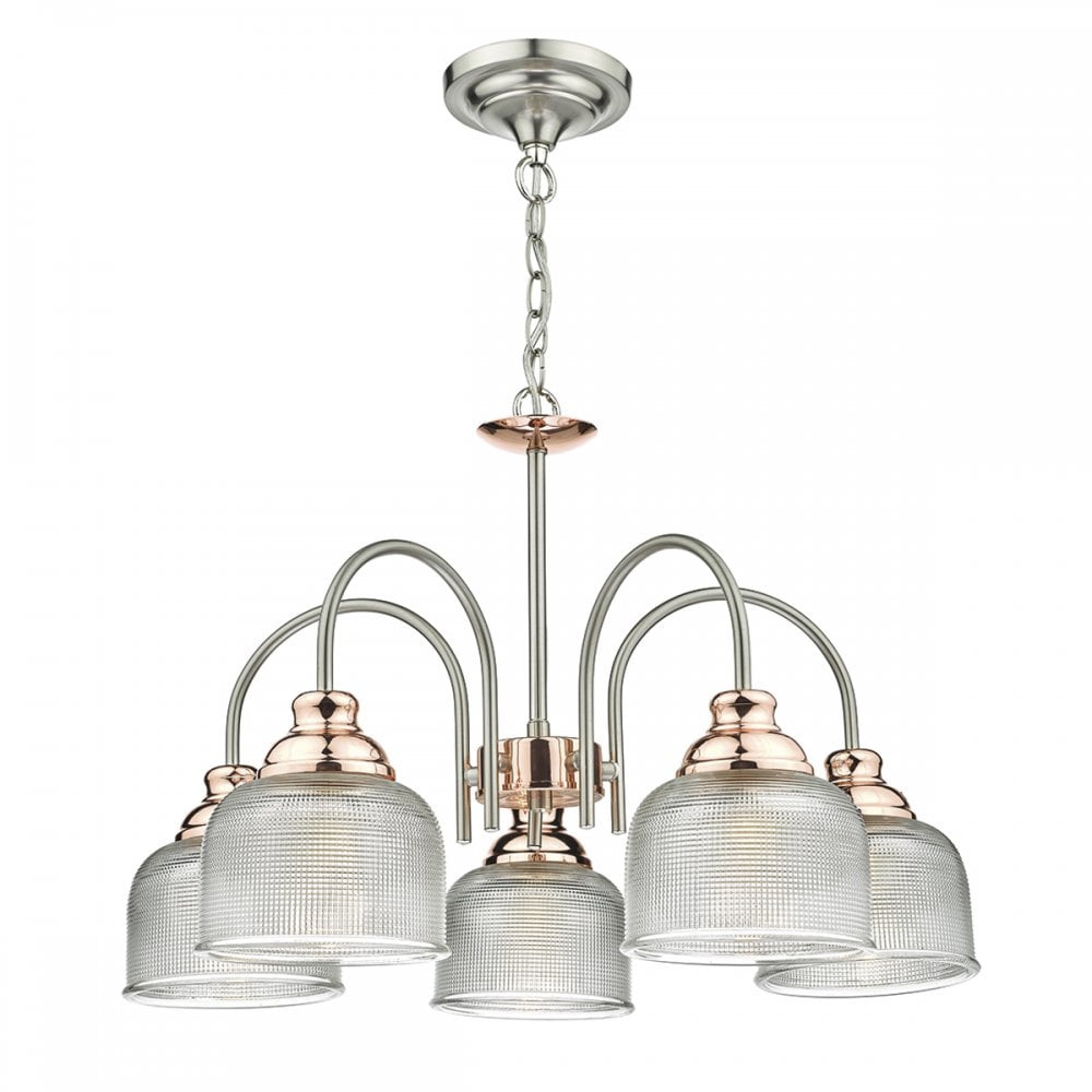 Wharfdale 5 Light Pendant Satin Chrome Copper Detail Glass Shades