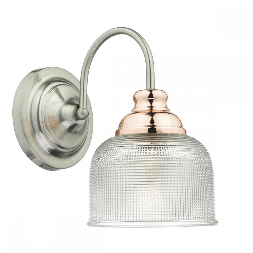 Wharfdale Wall Light Satin Chrome Copper detail Glass shades