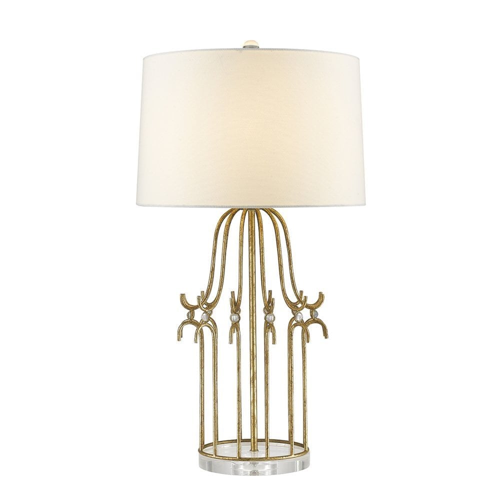 Gilded Nola  Steel Frame with Crystal Accents on a Crystal Glass Base with Cream Linen Tapered Drum Shade