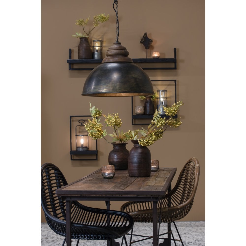 Hanging Pendant Lamp D52x40cm Leia Black Zinc and Top Wood Brown