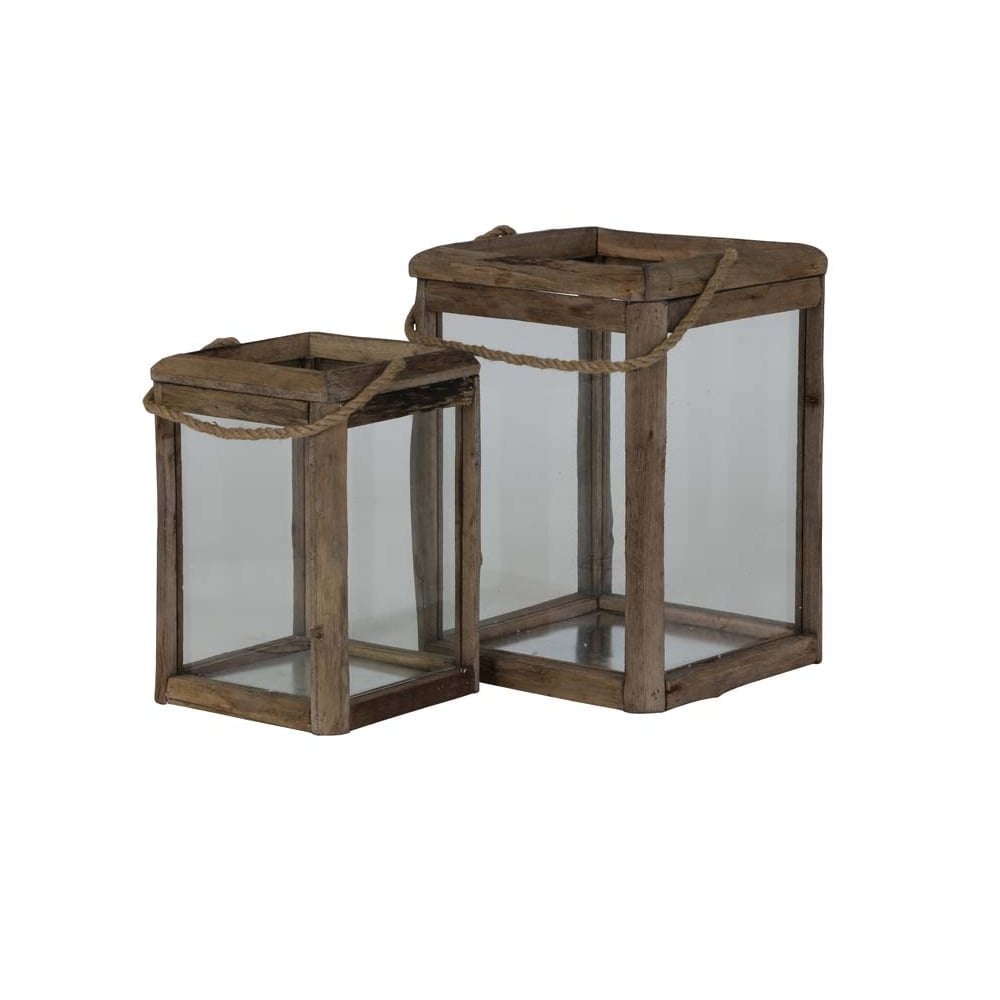 Lantern Set of 2 27x27x39 and 36x36x49cm Hilo Wood and Glass