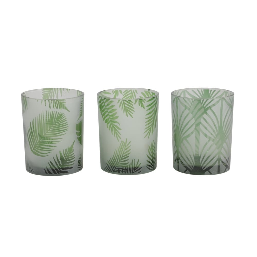 Tealight 3 Set 10x12.5cm - Folhas Glass Green