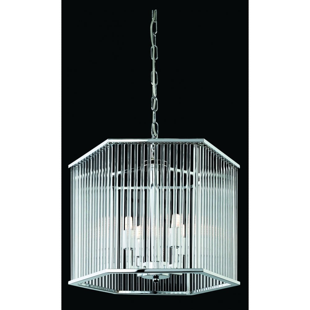 Flux Pendant, Hexagon, Chrome with Clear Glass Rods