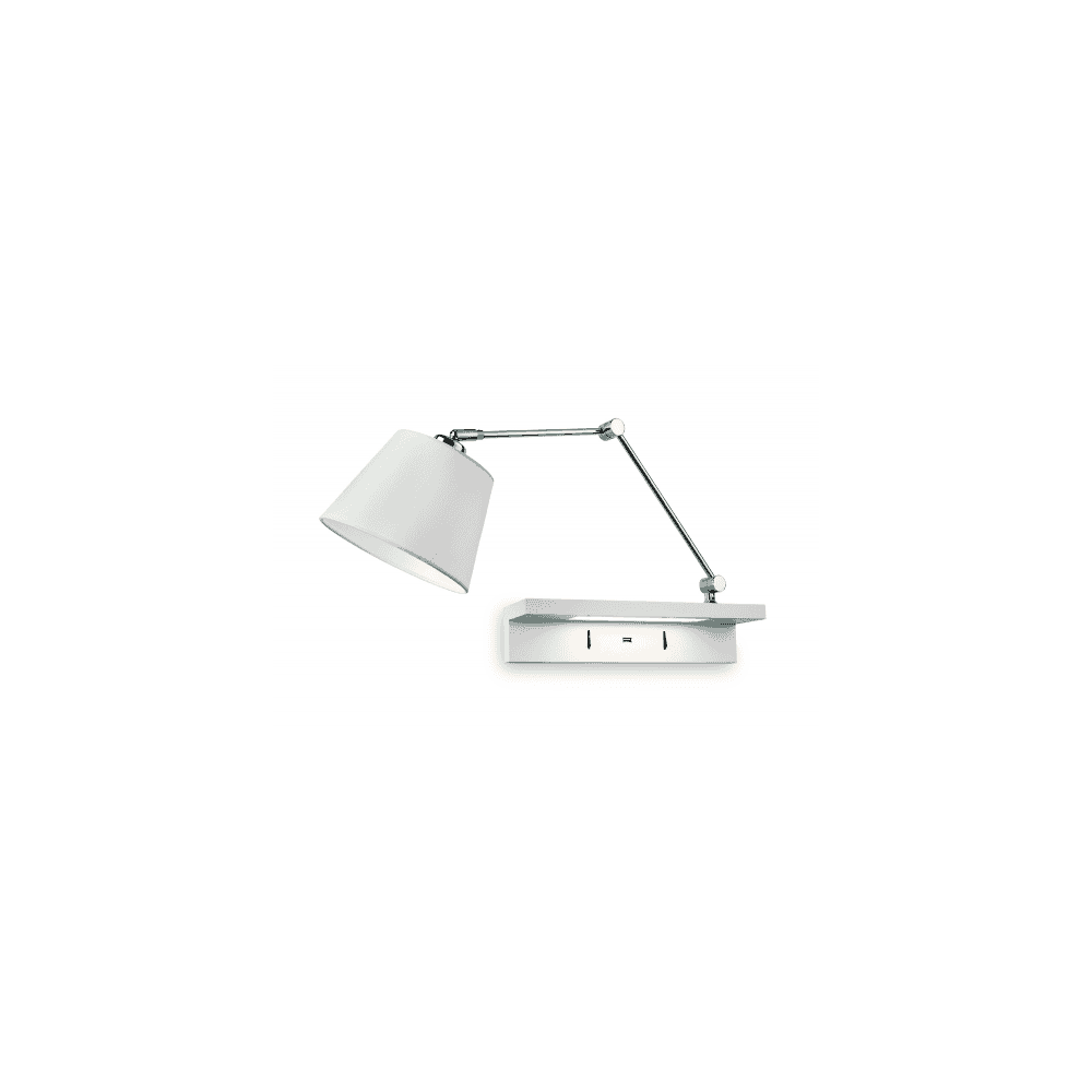 Envision Wall Light with Shelf & USB Port, Chrome with Cream Shade and White Shelf