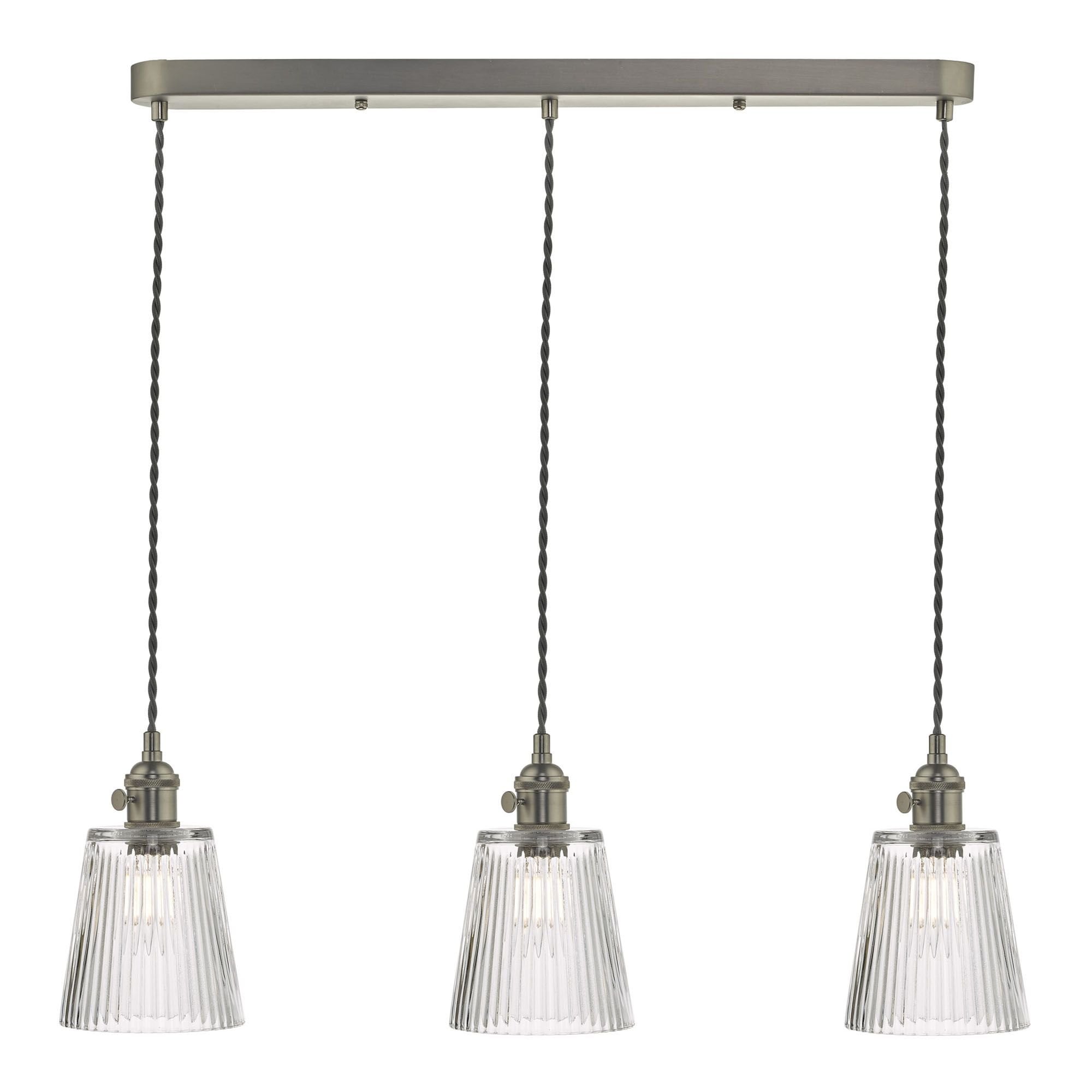 Hadano 3 Light Suspension Antique Brass With Ribbed Glass Shades