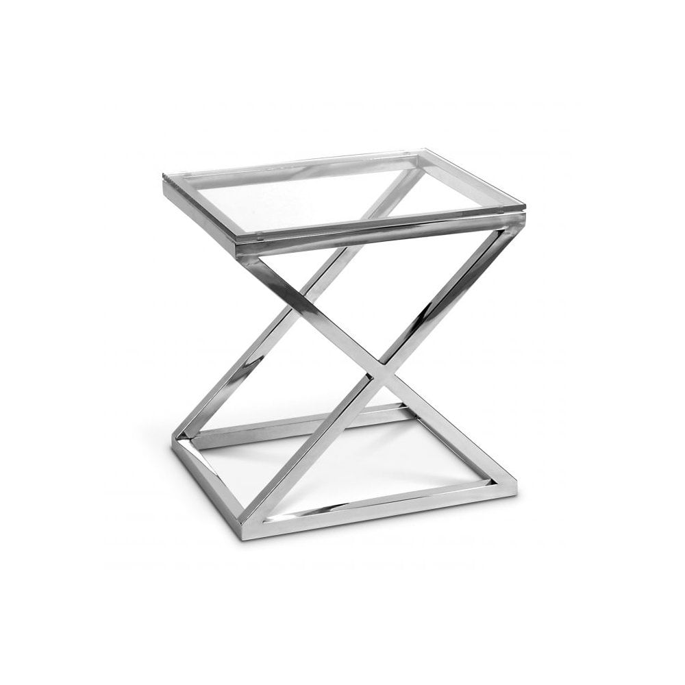 Side Table Criss Cross, Polished Stainless Steel, Clear Glass