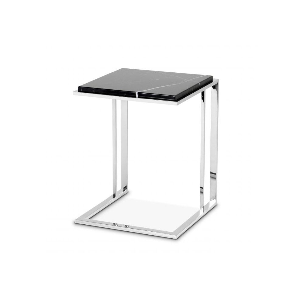 Side Table Cocktail, Polished Stainless Steel, Black Marble