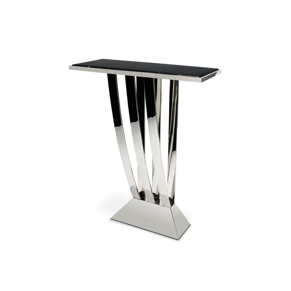 Console Table Beau Deco, Polished Stainless Steel, Black Marble Top