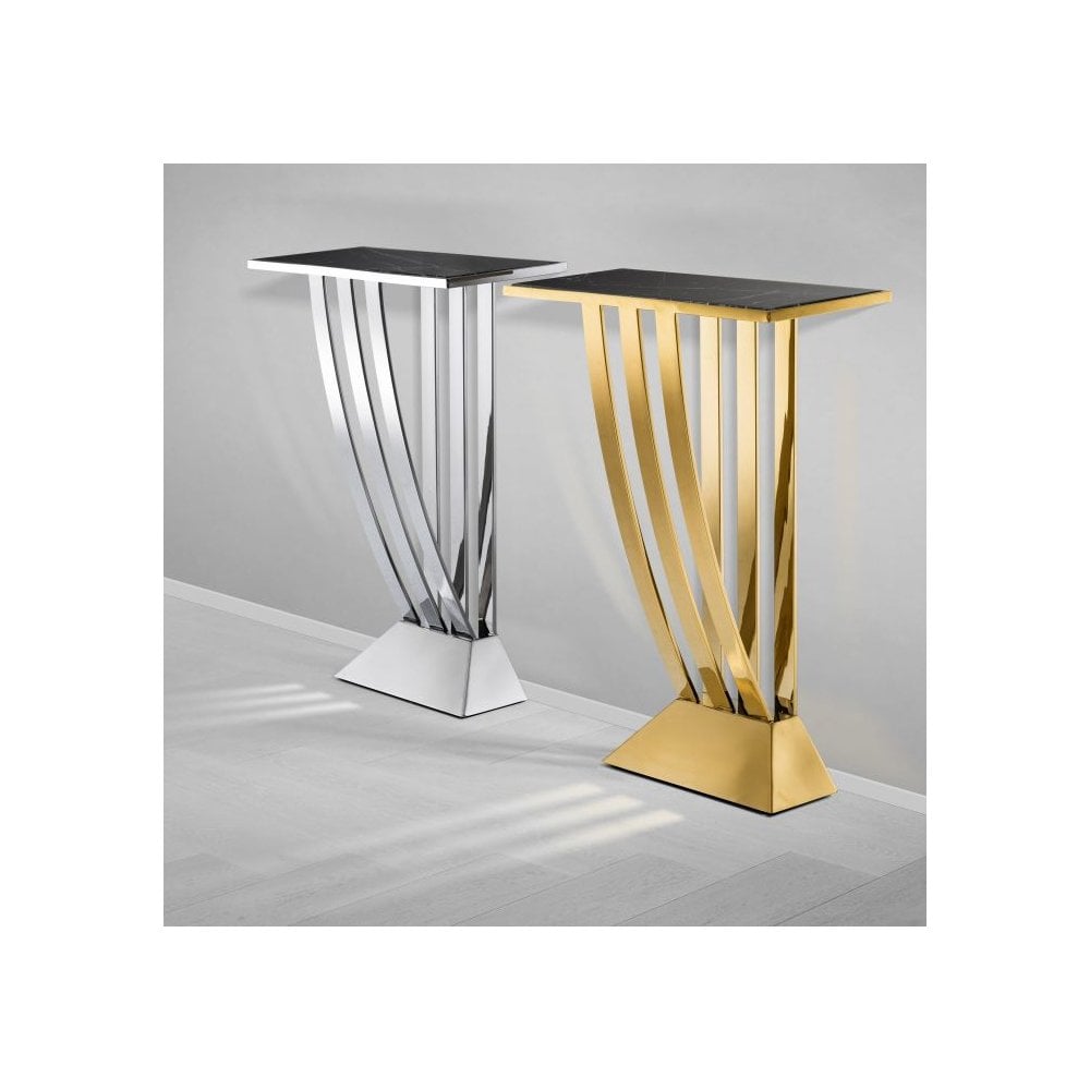 Console Table Beau Deco, Polished Stainless Steel, Black Marble Top