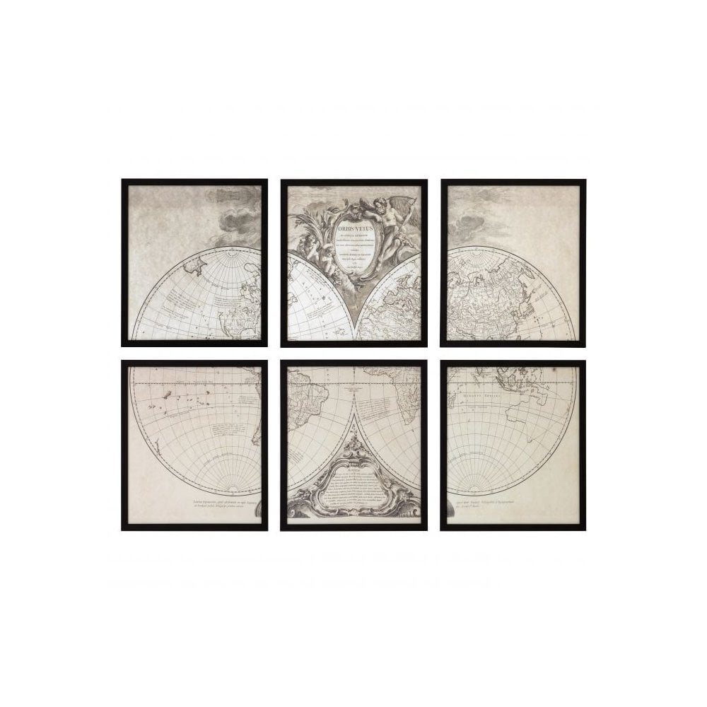 Prints Orbis Vetus set of 6, Black Wooden Frame, Clear Glass