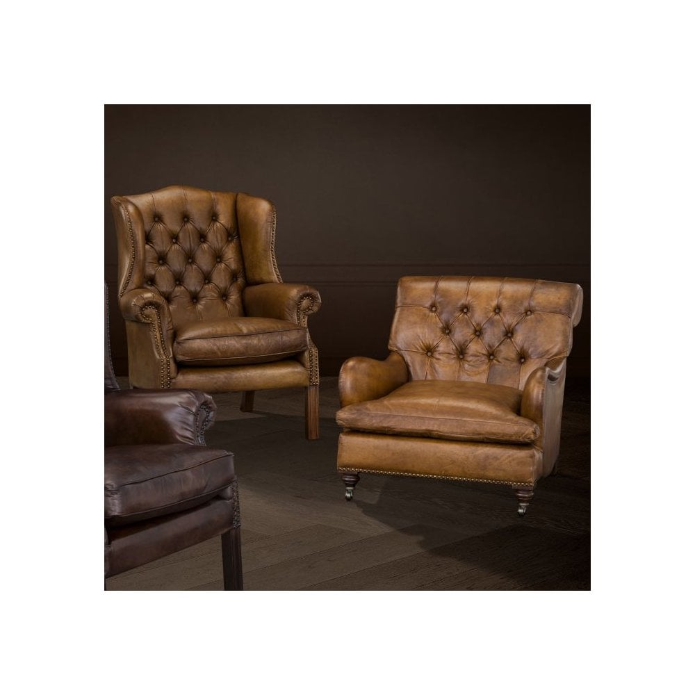 Club Chair Caledonian, Tobacco Leather, Brown Legs