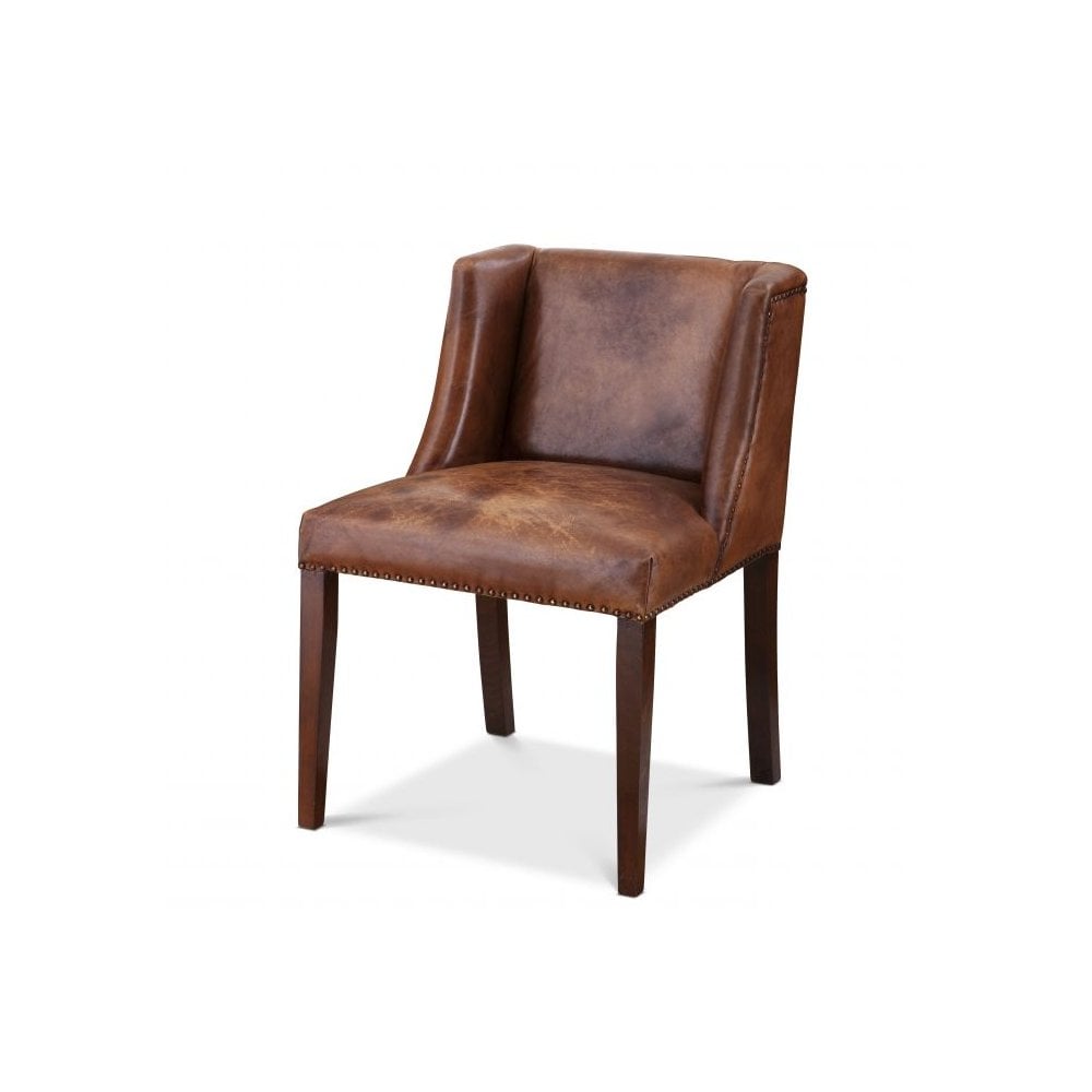 Dining Chair St. James, Tobacco Leather, Brown Legs, Antique Brass Nails