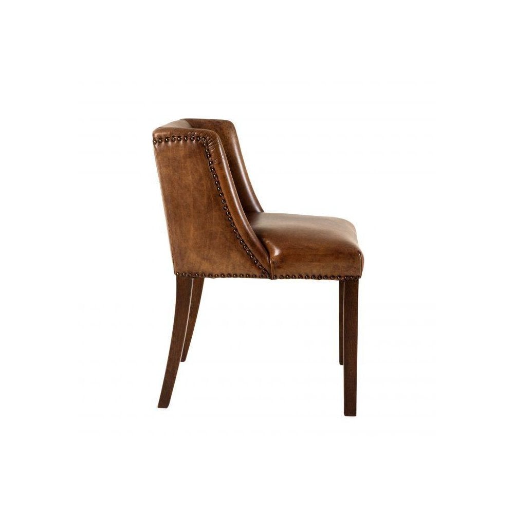 Dining Chair St. James, Tobacco Leather, Brown Legs, Antique Brass Nails