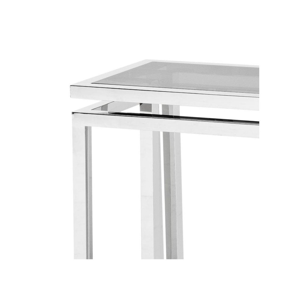 Console Table Palmer, Polished Stainless Steel, Smoke Glass