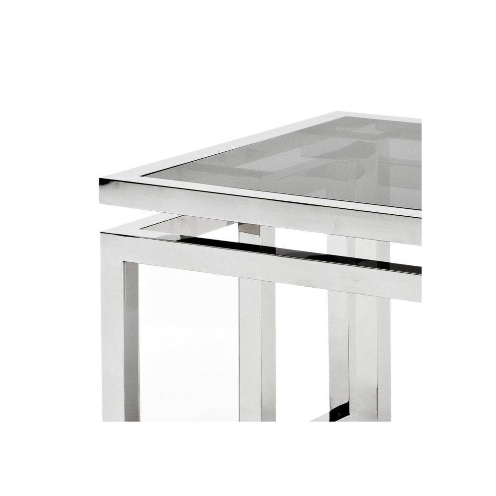 Side Table Palmer, Polished Stainless Steel, Smoke Glass