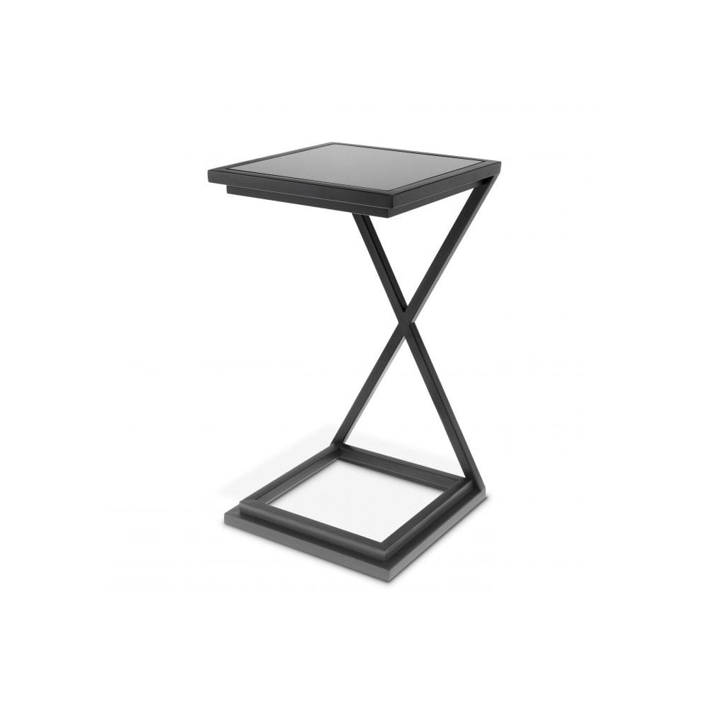 Side Table Cross, Gunmetal Finish, Black Glass