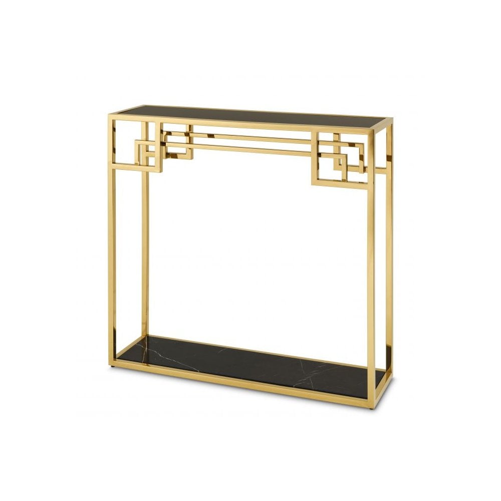 Console Table Morris, Gold Finish, Black Marble, Black Glass Top