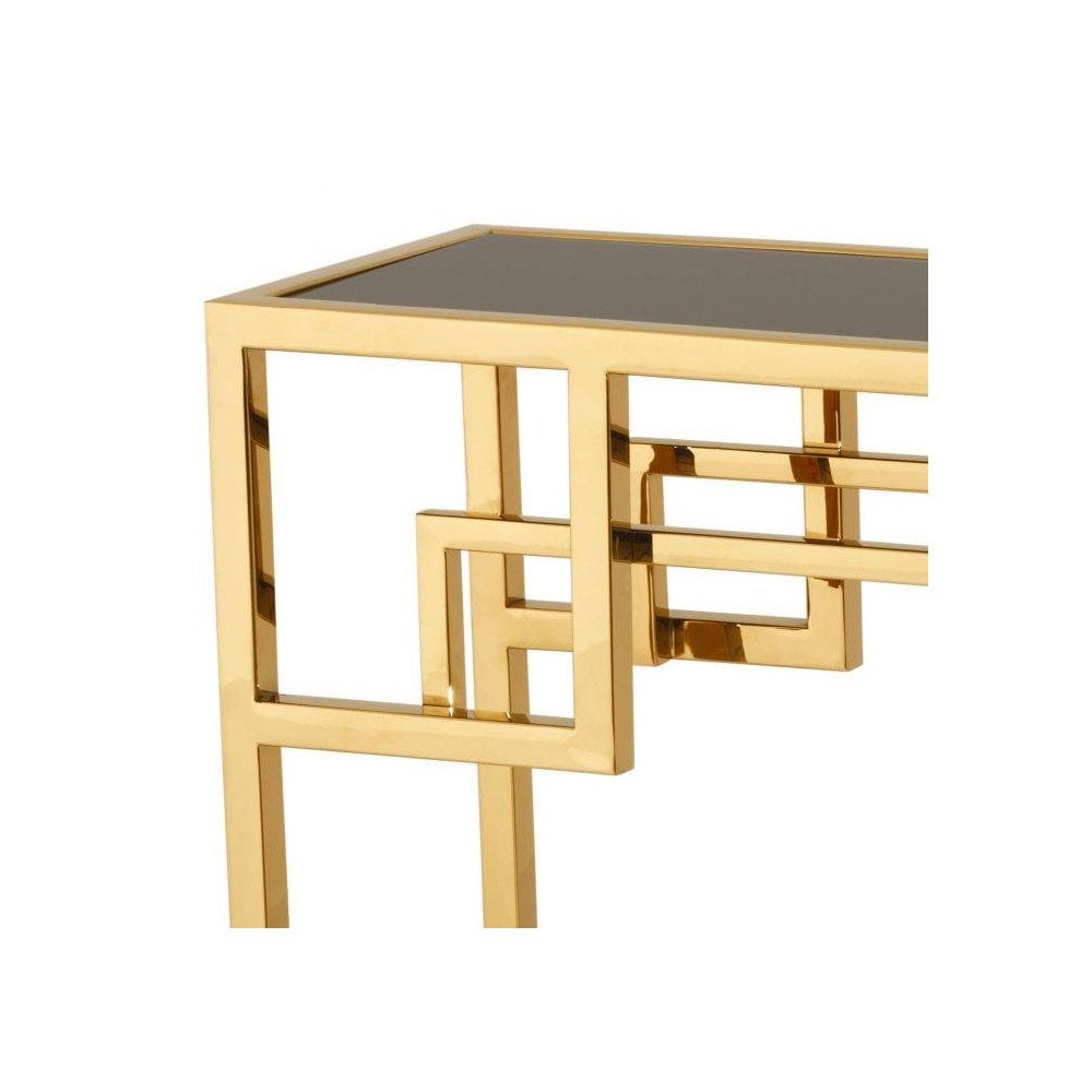 Console Table Morris, Gold Finish, Black Marble, Black Glass Top