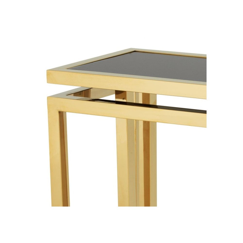 Console Table Palmer, Gold Finish, Black Glass