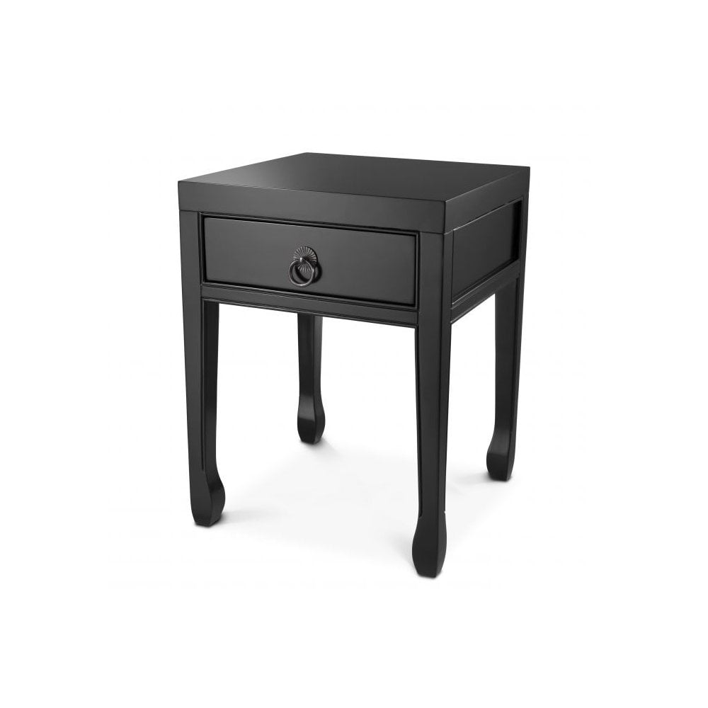 Side Table Chinese Low, Waxed Black Finish, Antique Brass Finish