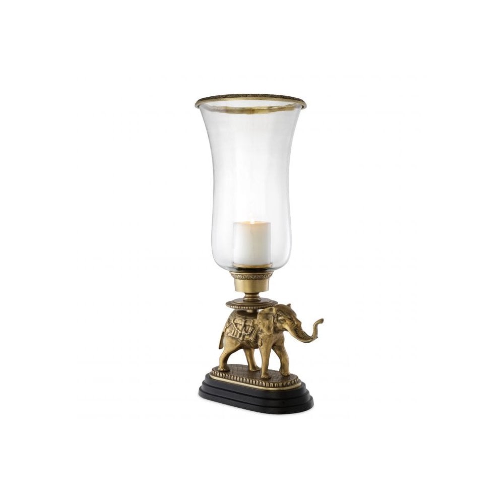 Hurricane Elephant, Vintage Brass Finish, Clear Glass, Granite Base