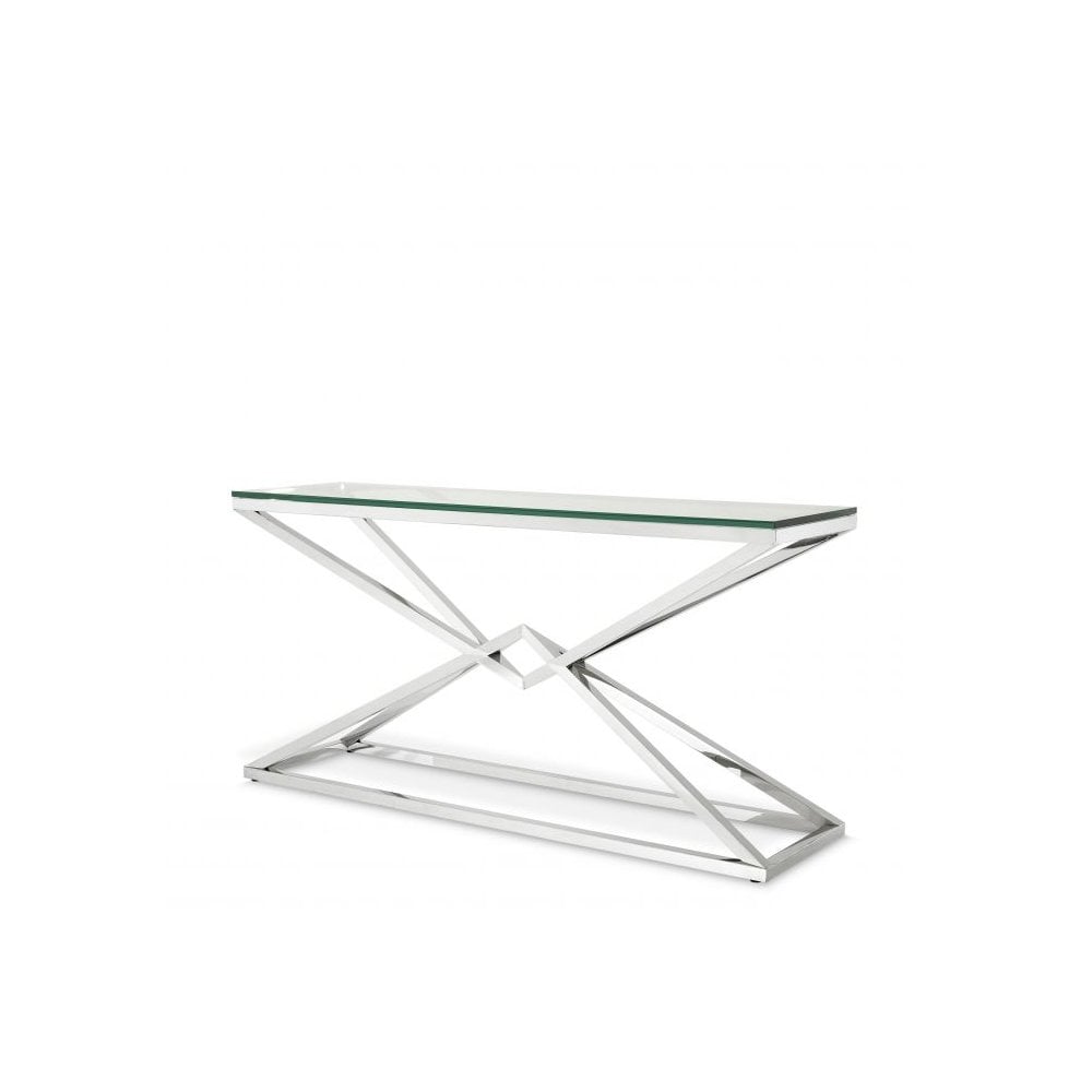 Console Table Connor L, Polished Stainless Steel, Clear Glass