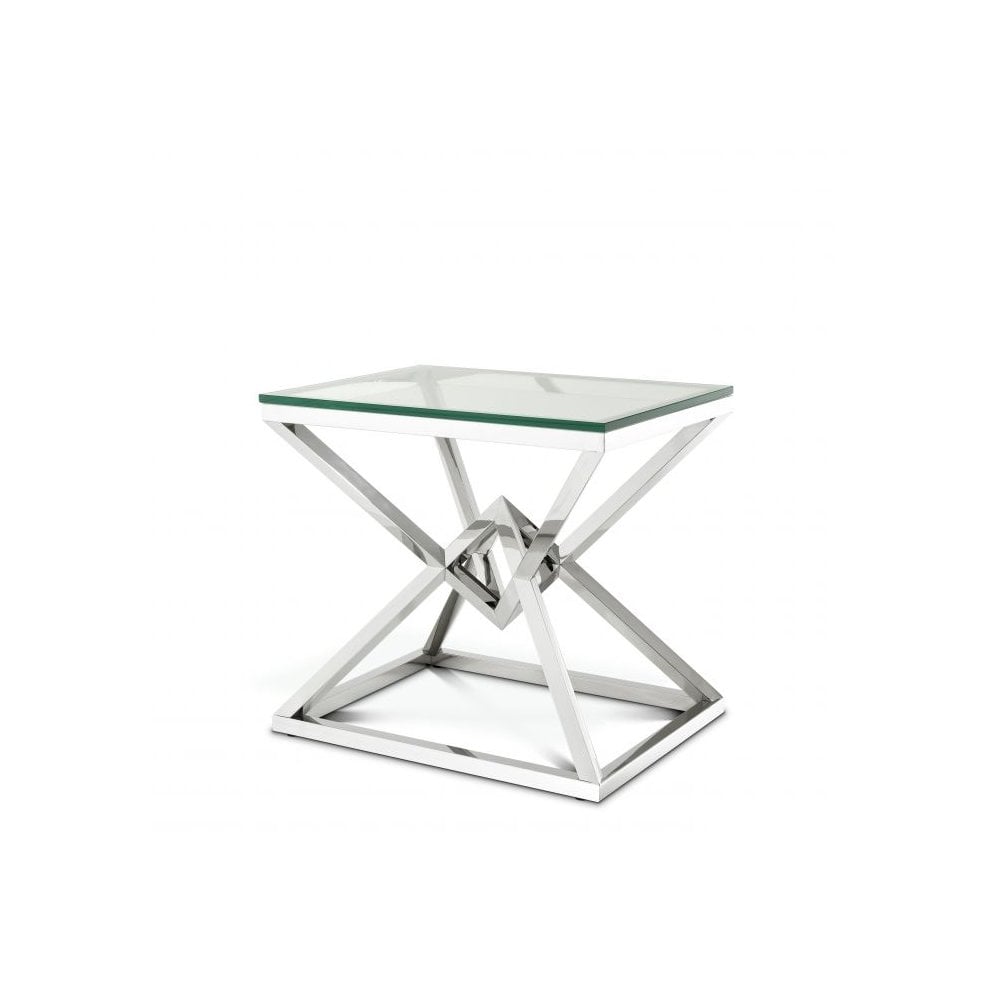 Side Table Connor, Polished Stainless Steel, Clear Glass