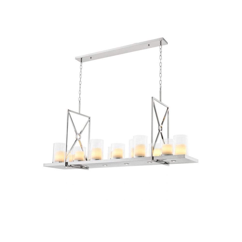 Chandelier Summit, Polished Stainless Steel, Clear Glass, Including Faux Candle Shades