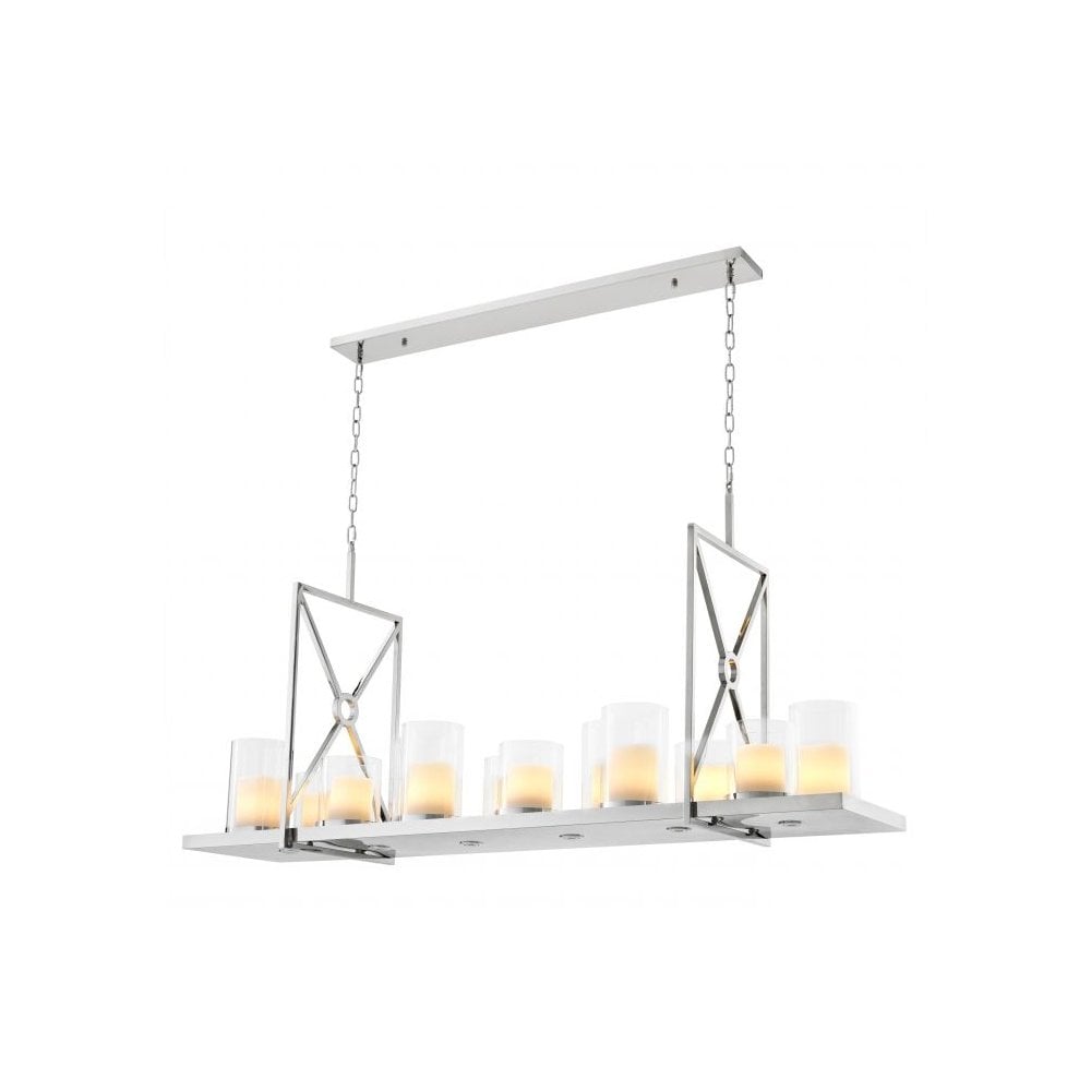 Chandelier Summit, Polished Stainless Steel, Clear Glass, Including Faux Candle Shades