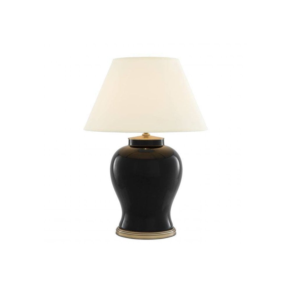 Table Lamp Mundon, Black Ceramic, Antique Brass Finish