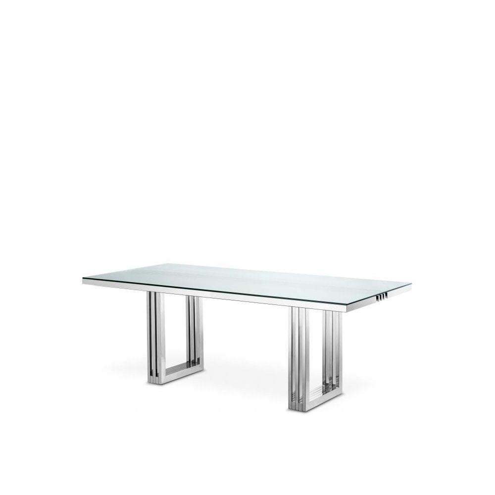 Dining Table Garibaldi, Polished Stainless Steel, Clear Glass