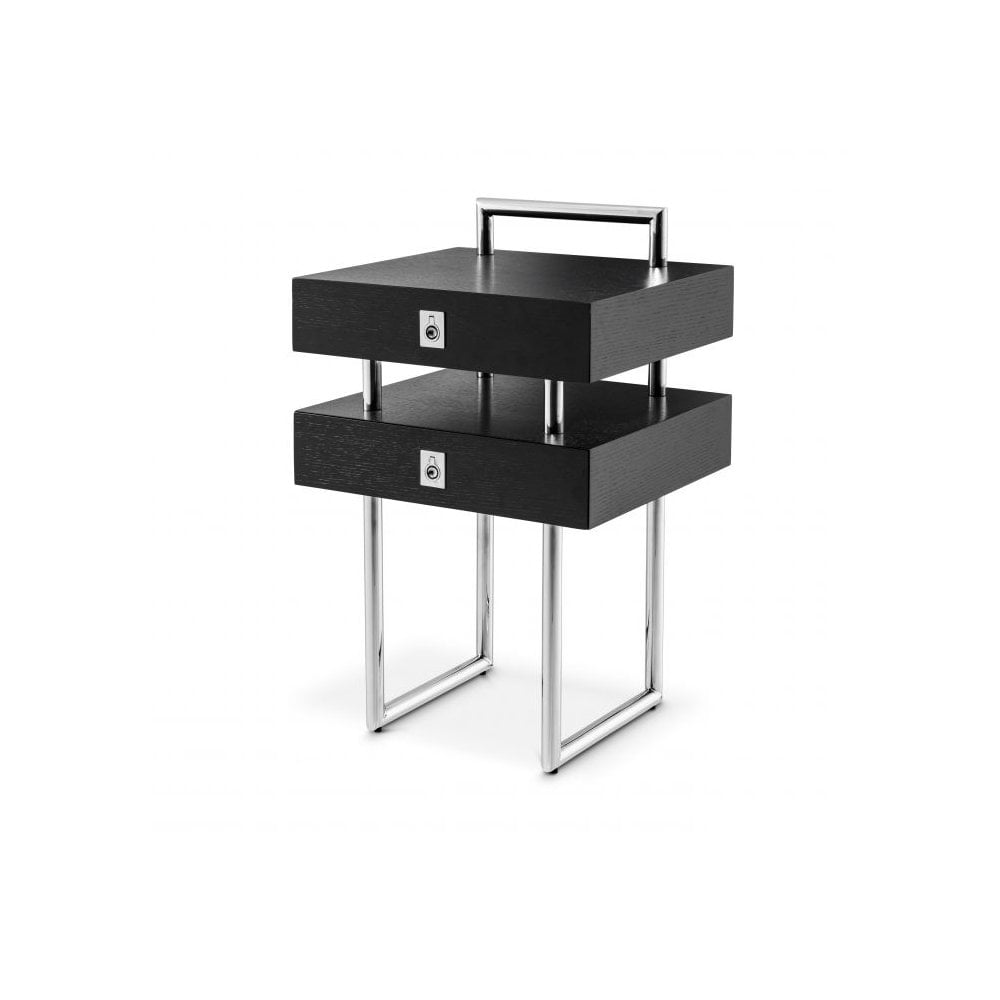 Side Table Bedini, Polished Stainless Steel, Black Oak Veneer