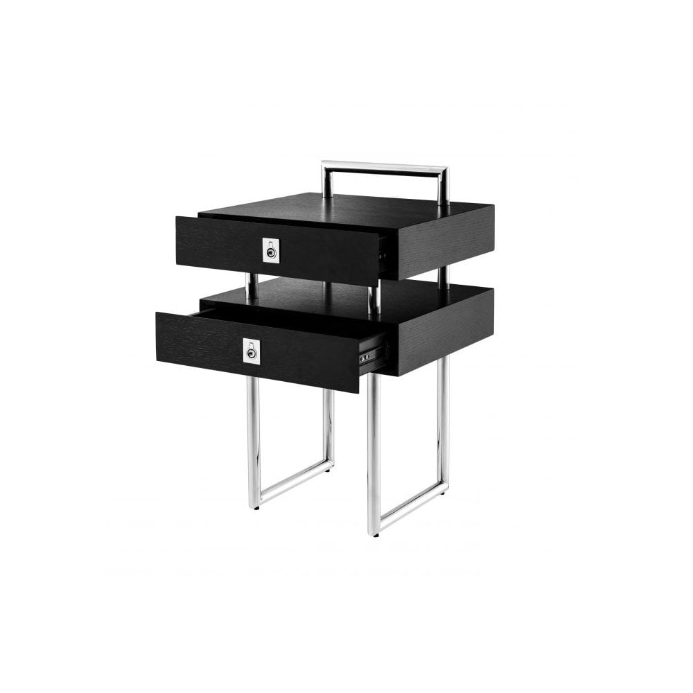 Side Table Bedini, Polished Stainless Steel, Black Oak Veneer