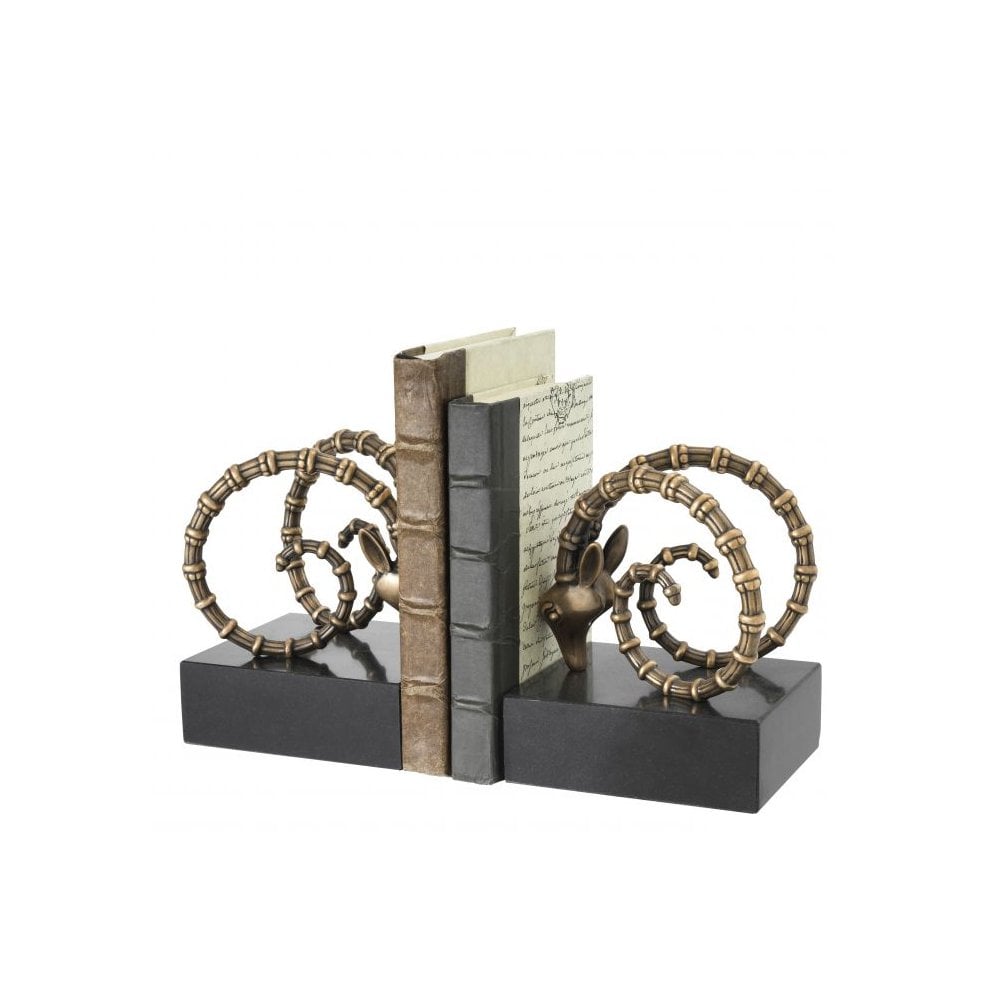 Bookend Ibex set of 2, Vintage Brass Finish, Granite Base