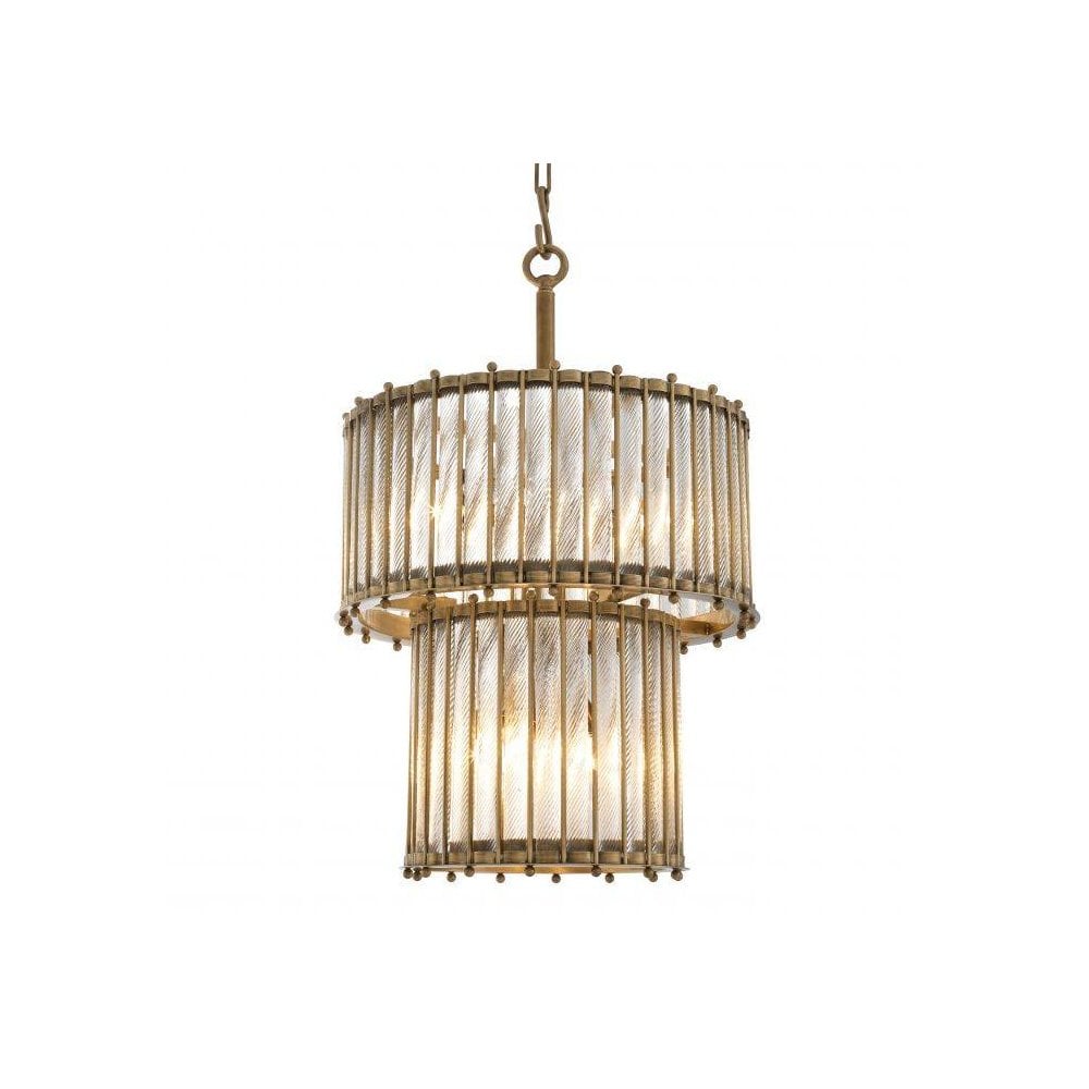 Lantern Tiziano Double, Antique Brass Finish, Handmade Clear Glass