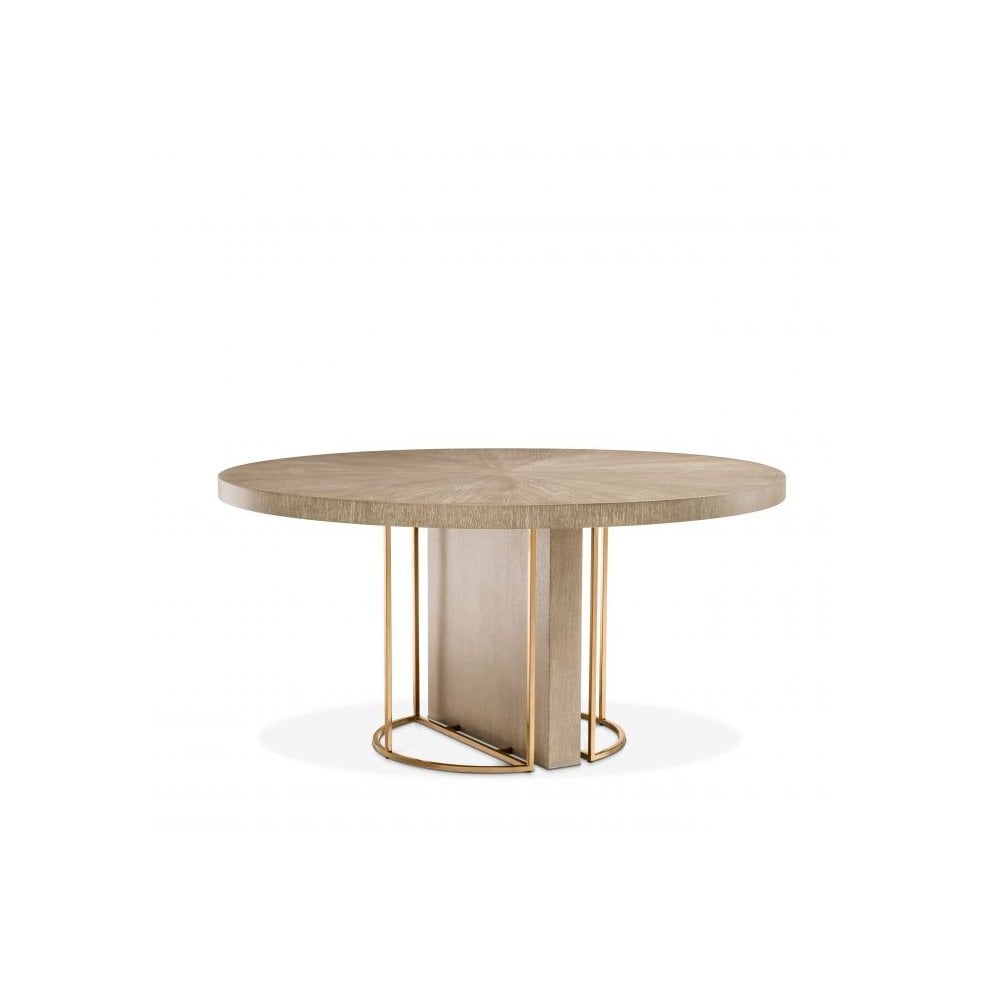 Dining Table Remington ø 152 cm, Washed Oak Veneer, Brushed Brass Finish